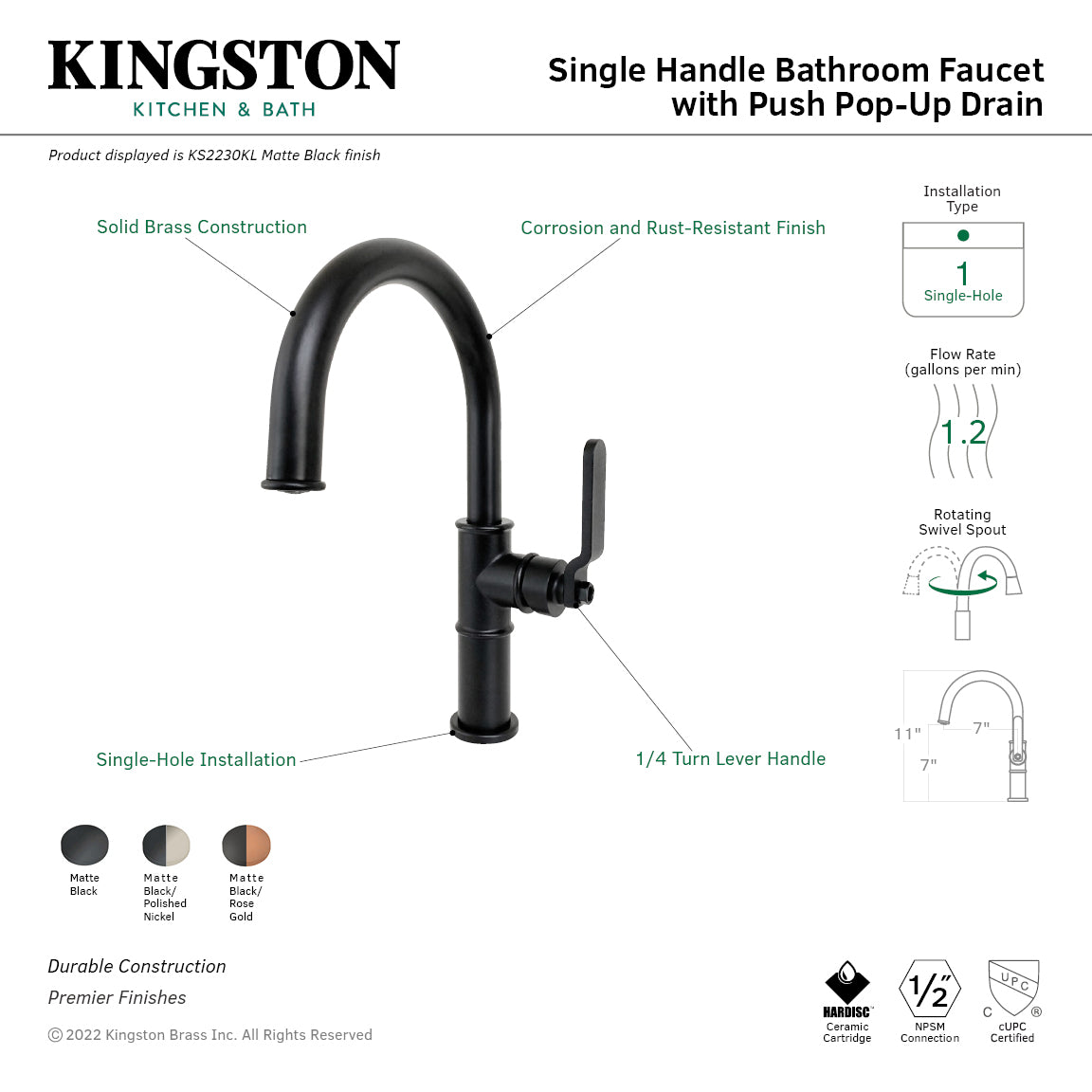 Kingston Sona KS2230KL - Whitaker One-Handle 1-Hole Bathroom Faucet with Push Pop-Up Drain, Matte Black — thumbnail 2